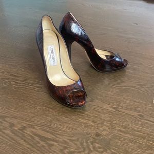 JIMMY CHOO - wood/bamboo tone open toe platform heels- sz 38.5